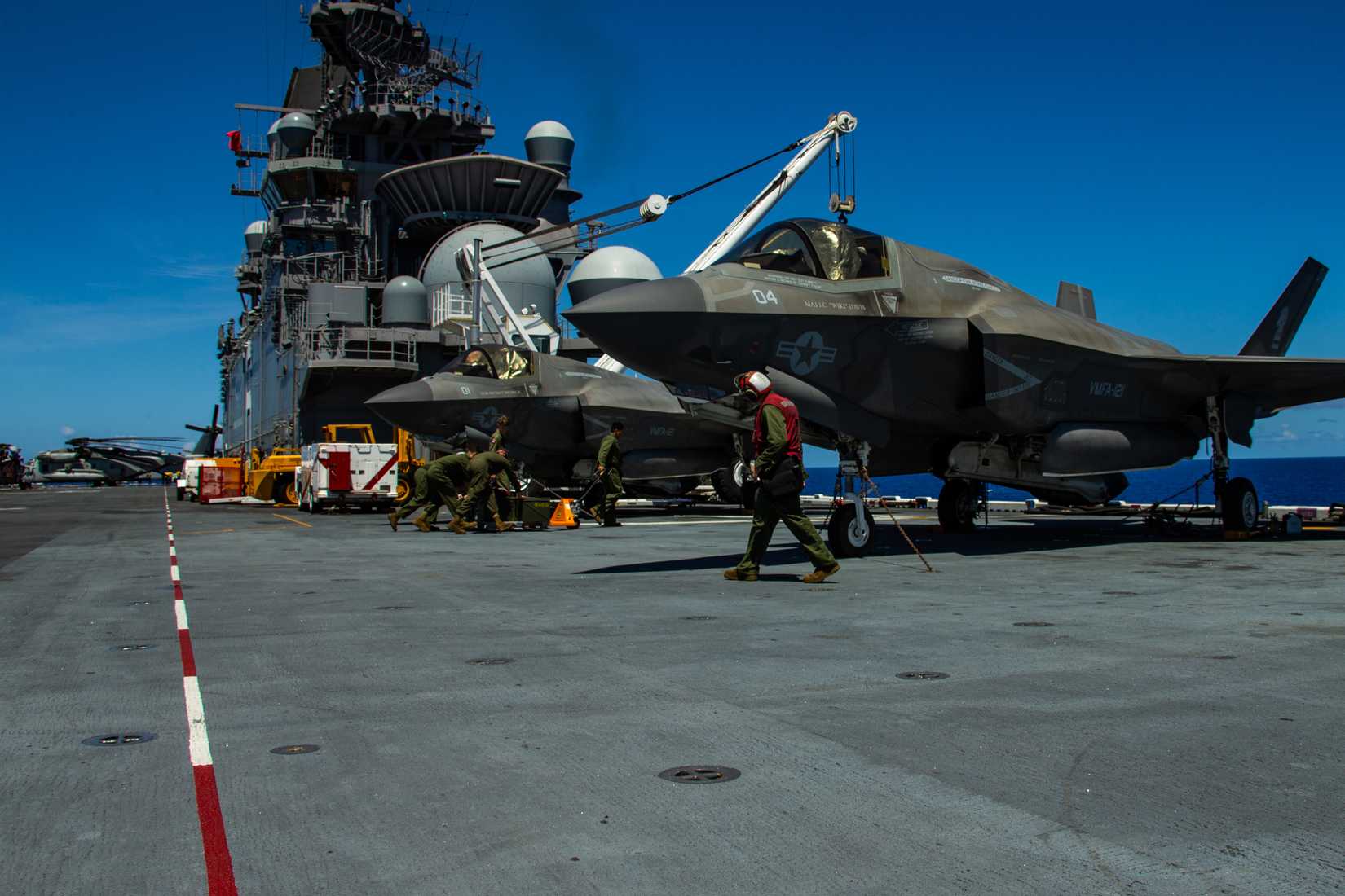 GAU-22 cannon on an F-35B Lightning II fighter aircraft during an air defense exercise aboard amphibious assault ship USS America (LHA 6).