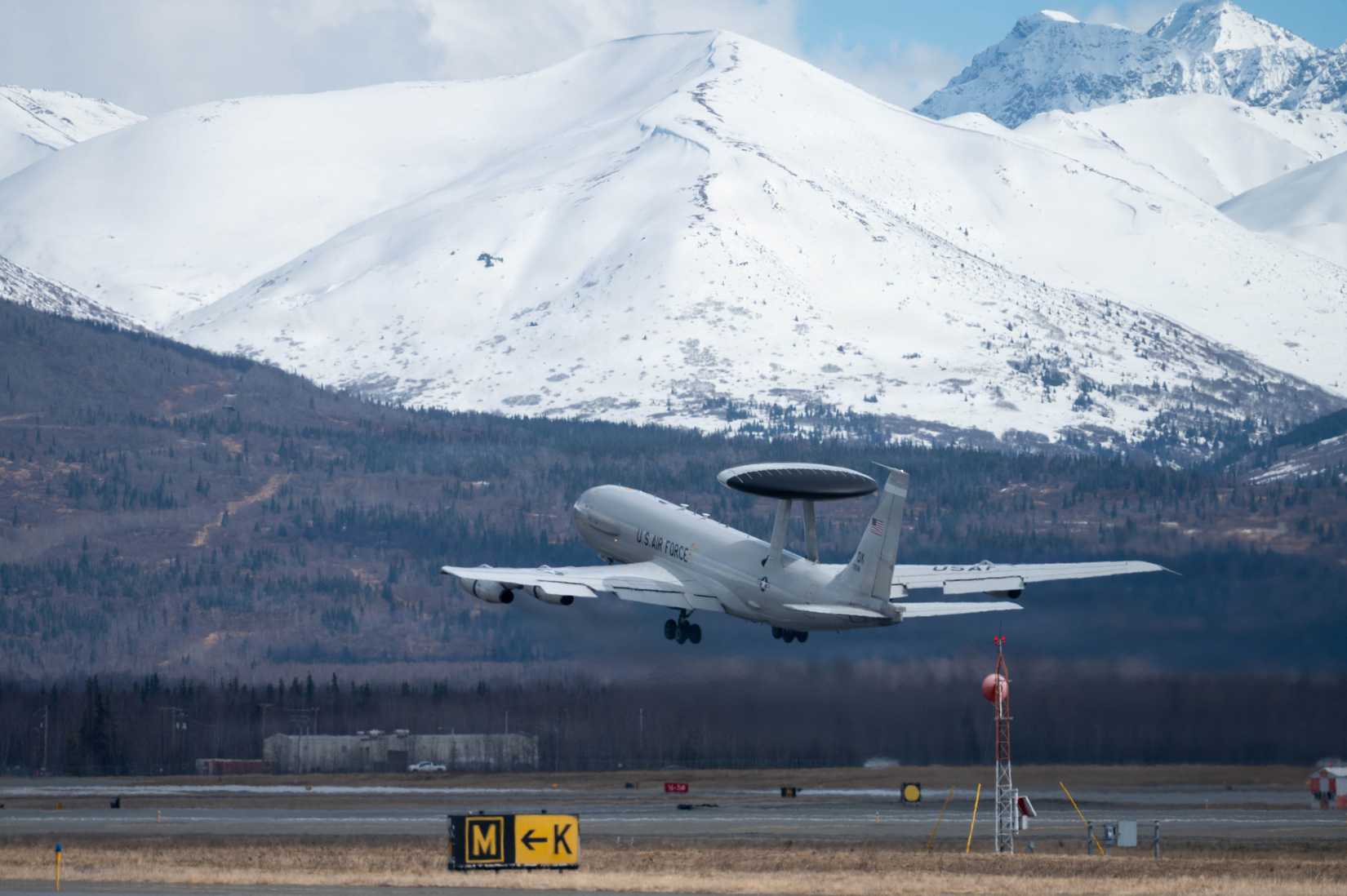 ir Force E-3 Sentry ascends into the Alaska skies as part of exercise Red Flag Alaska 26-1.