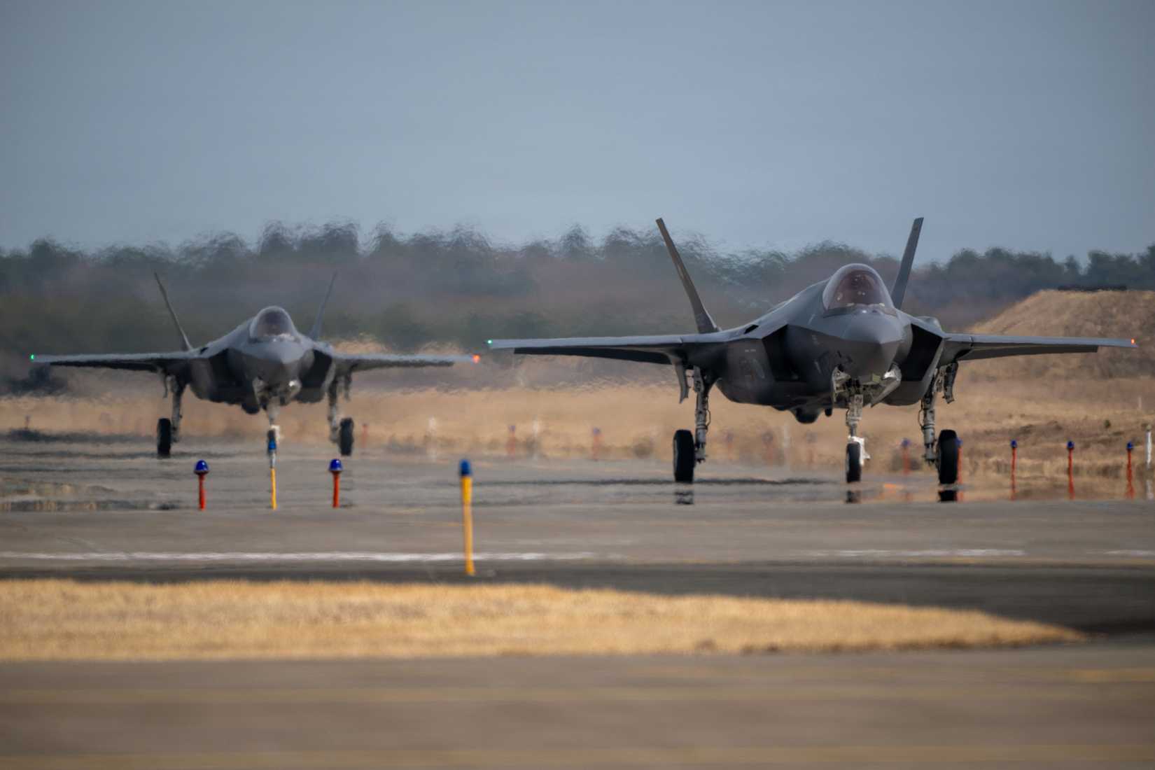 Japan Air Self-Defense Force F-35A Lightning II’s taxi for a coordinated takeoff during Exercise Kazaguruma Guardian 26.
