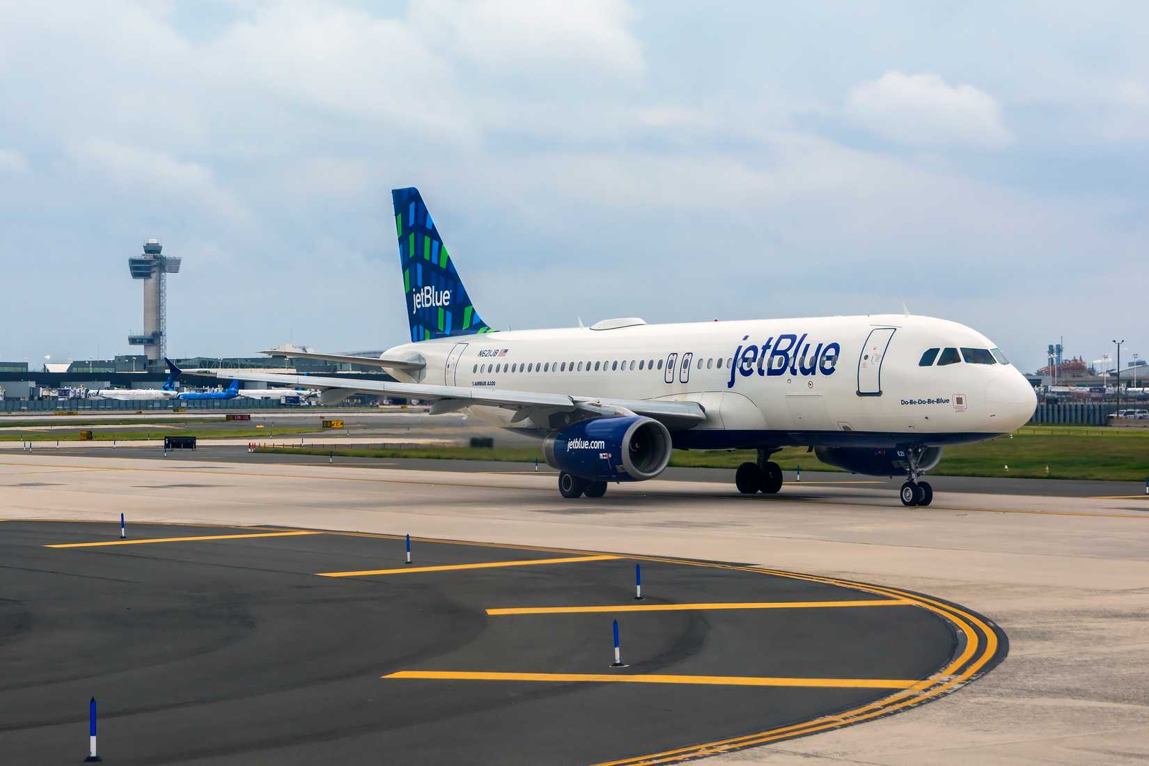 JetBlue Airliner Airbus A320, registration number N621JB is waiting for take off and departure on a runway at John F. Kennedy (JFK) International airport.