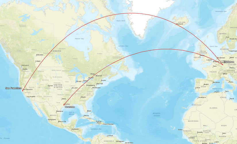 Lufthansa Frankfurt Houston SFO Map