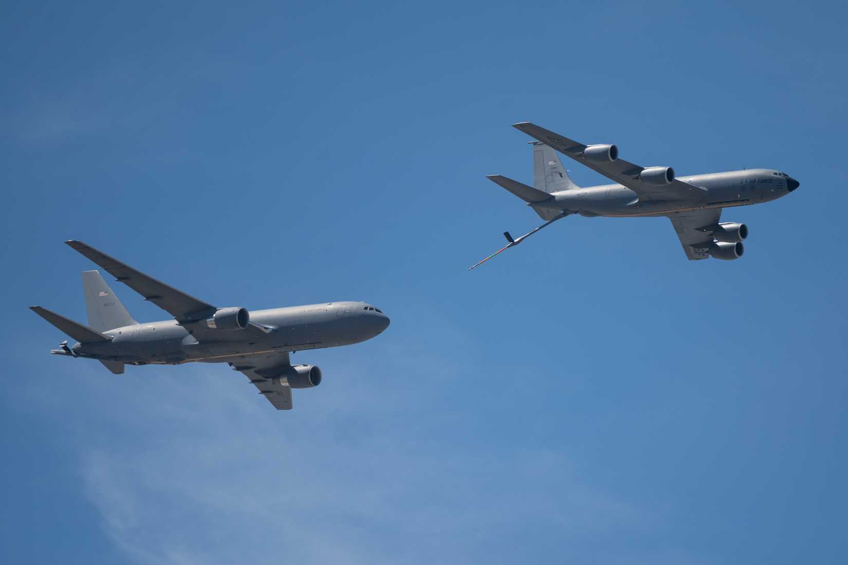 McConnell's own KC-135 Stratotanker and KC-46 Pegasus perform a flyby during the Frontiers in Flight Air show at McConnell Air Force Base, Kansas, Sept. 25, 2022.