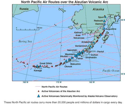 North Pacific air routes over the Aluetian volcanic arc.