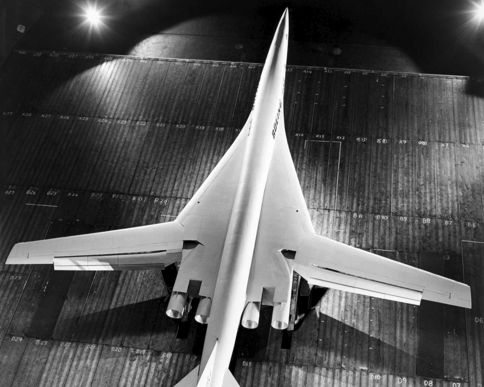 Overhead view of Boeing Super Sonic Transport , wings un-swept.