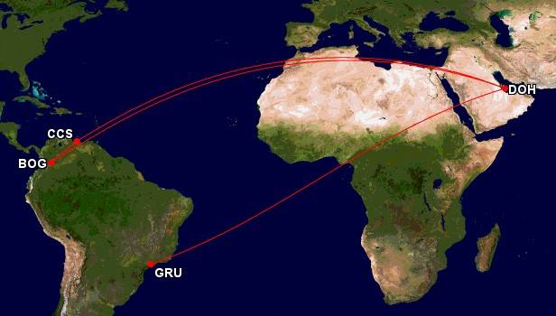 Qatar Airways new triange route to Bogota and Caracas in addition to its Sao Paolo service
