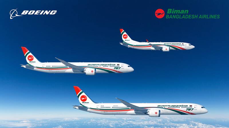 Render of the liveries for upcoming Bangladesh Airlines 737 MAX and 787 jets.