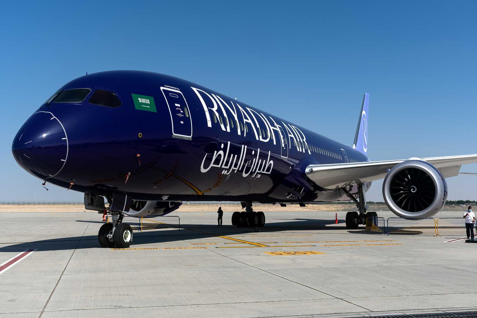 Riyadh Air 787 aircraft parked dark livery