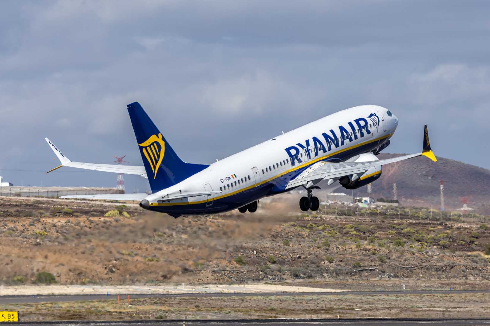 Ryanair Boeing 737-8-200 MAX airplane at Tenerife South airport in Spain.