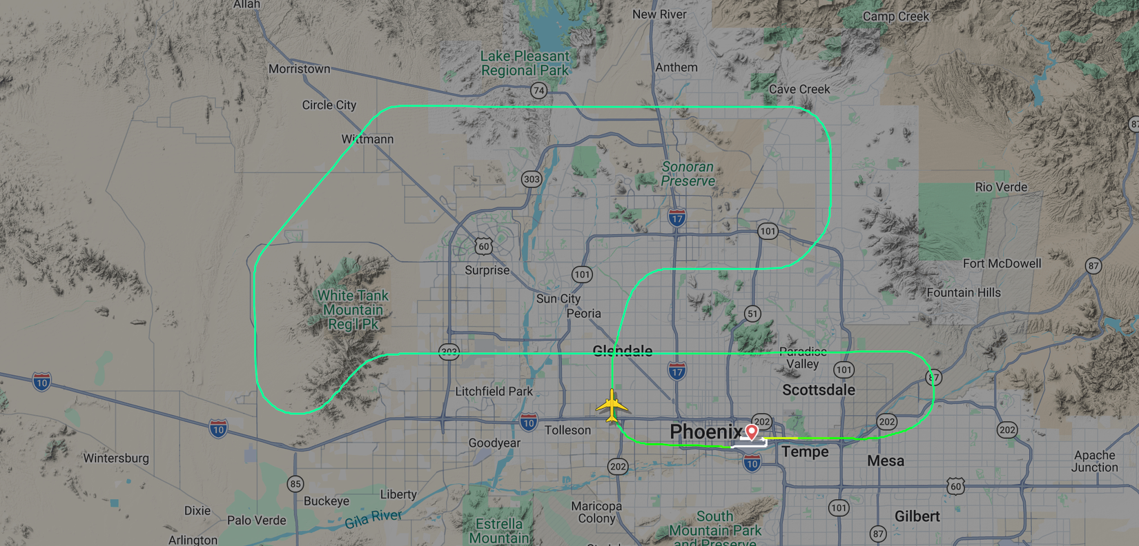 Flight tracking map showing AA194 return path to Phoenix Sky Harbor