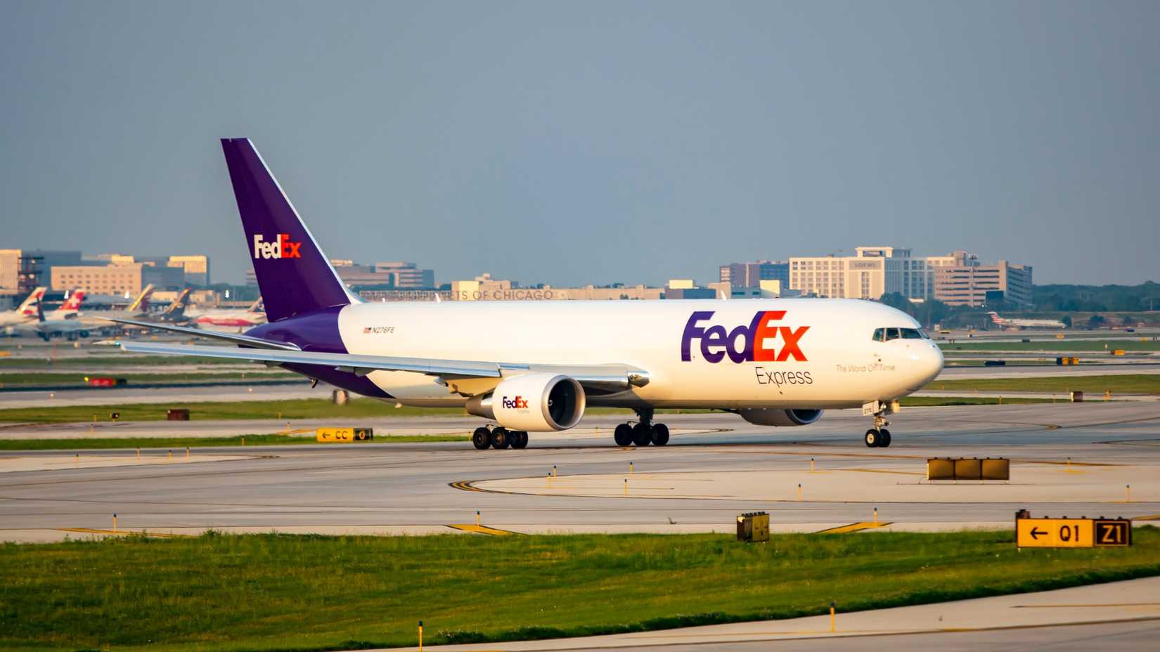 FedEx Express Boeing 767-300F (tail number N276FE) taxiing at Chicago O'Hare International Airport. 