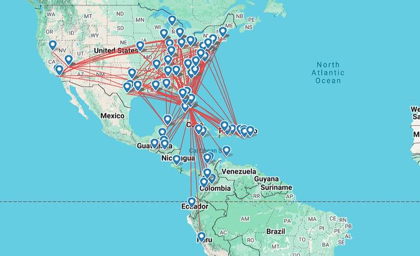 Route network of Spirit Airlines over the last 7 days
