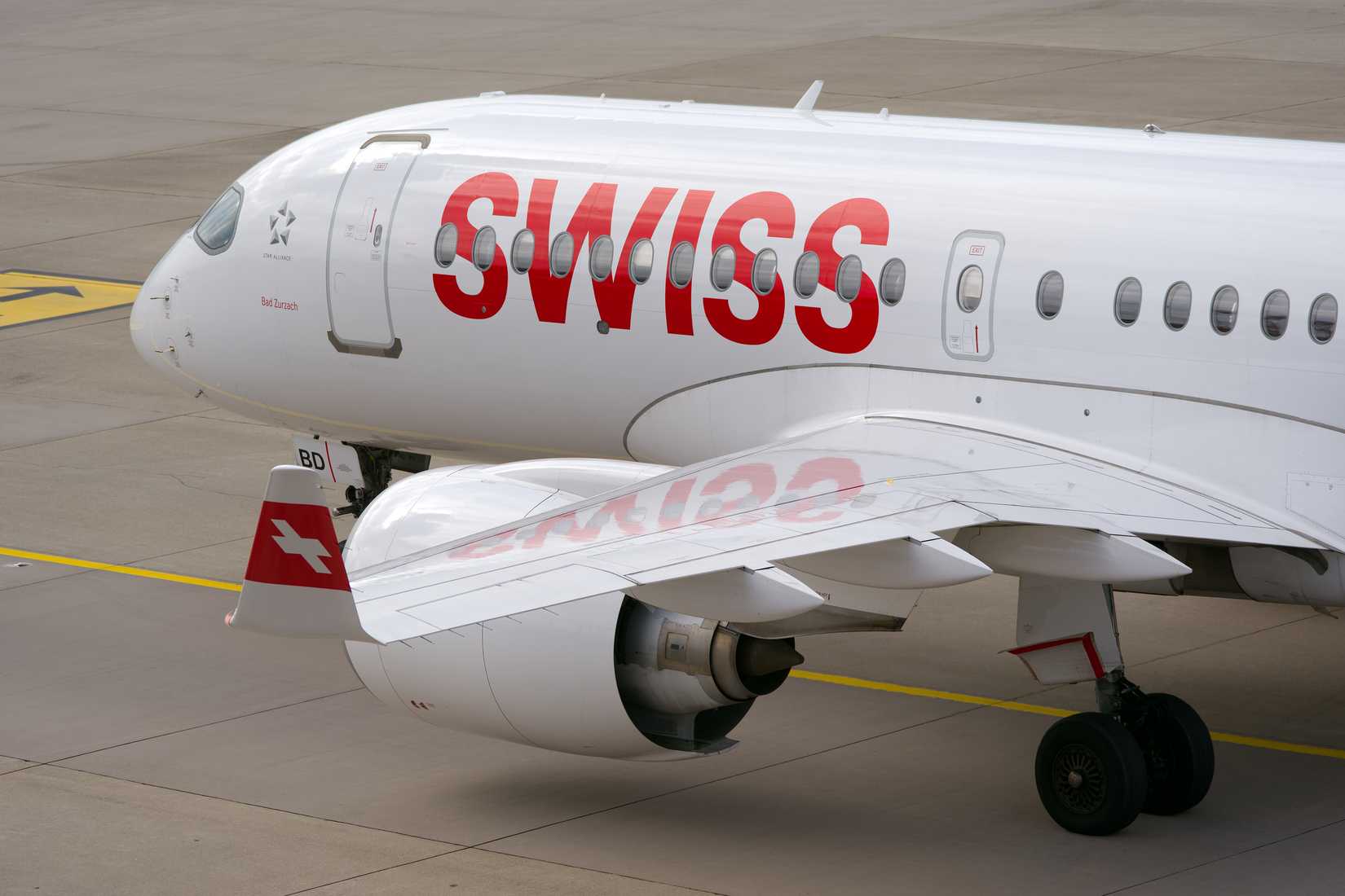 Swiss passenger airplane type Airbus A220-100 registration HB-JBD arriving at Swiss Zürich Airport.