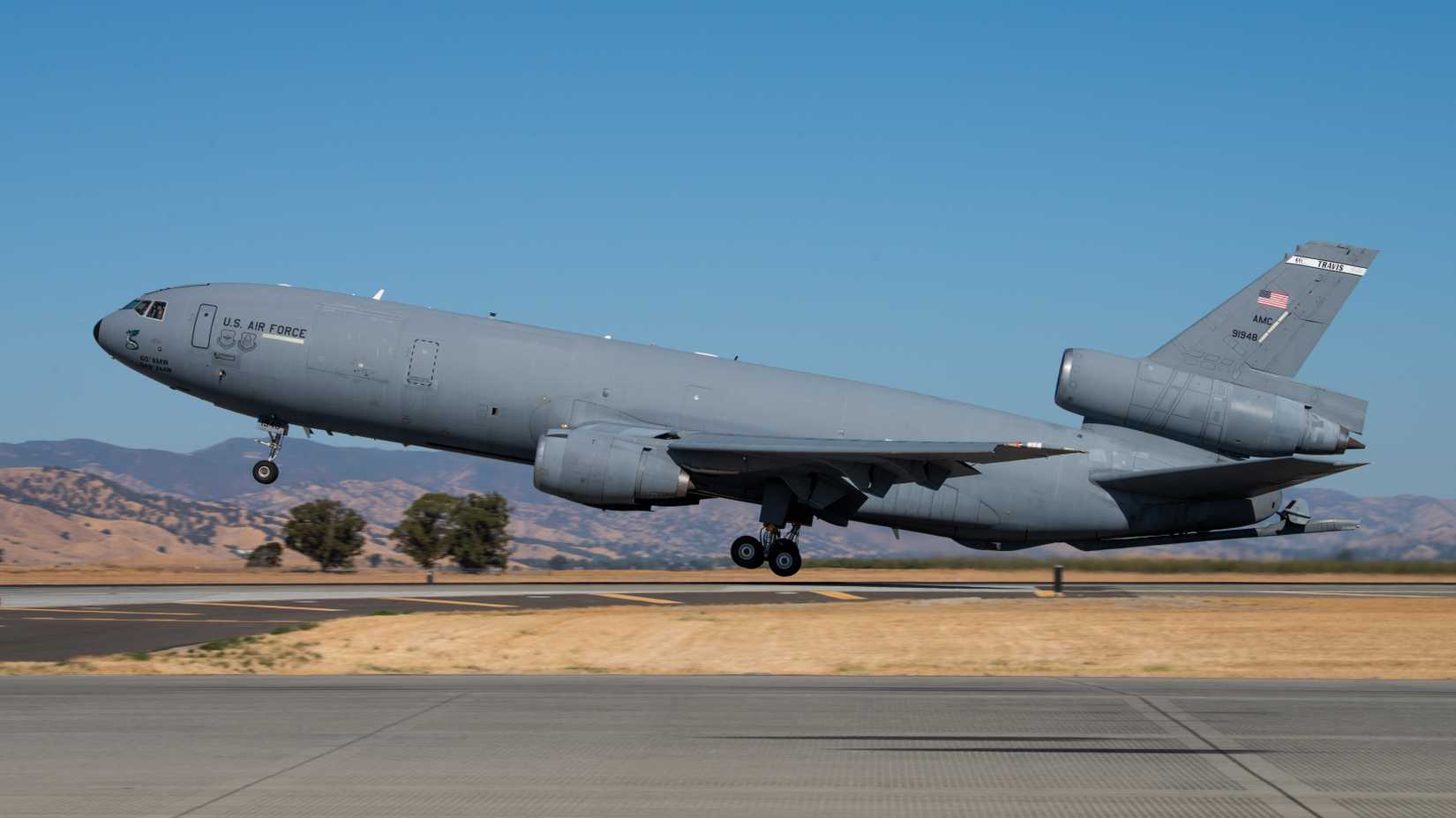 The last U.S. Air Force KC-10 Extender takes off from the flight line during the KC-10 farewell ceremony at Travis Air Force Base, California, Sept. 26, 2024.