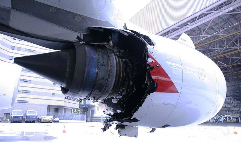 The left inboard Trent 900 engine of the Airbus A380 operating Qantas Flight 32 after the uncontained failure suffered on 4 November 2010 near Singapore.