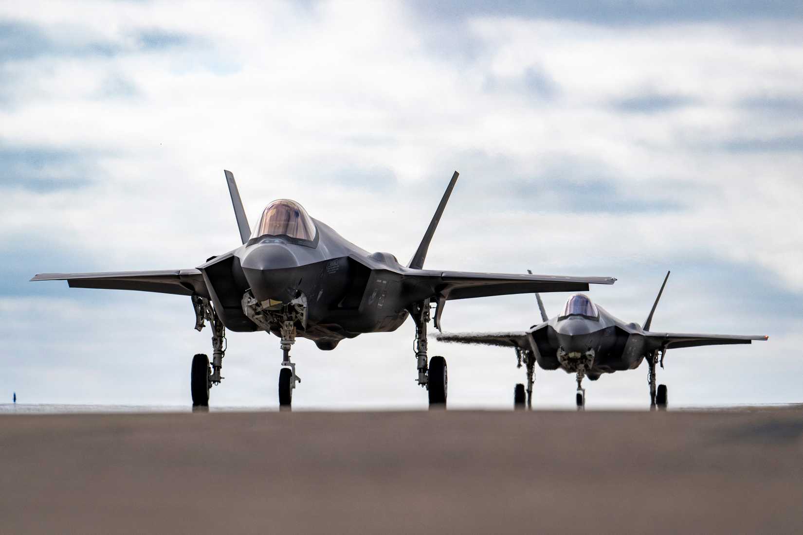Two U.S. Air Force F-35A Lightning IIs assigned to the F-35A Lightning II Demonstration Team arrive at the Fiesta of Flight air show at Laughlin Air Force Base.