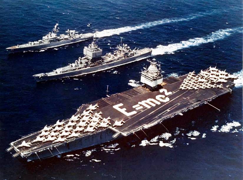 Operation Sea Orbit: on 31 July 1964, USS Enterprise (CVAN-65) (bottom), USS Long Beach (CGN-9) (center) and USS Bainbridge (DLGN-25) (top) formed "Task Force One," the first nuclear-powered task force, and sailed 26,540 nmi (49,190 km) around the world in 65 days. Accomplished without a single refueling or replenishment, "Operation Sea Orbit" demonstrated the capability of nuclear-powered surface ships.