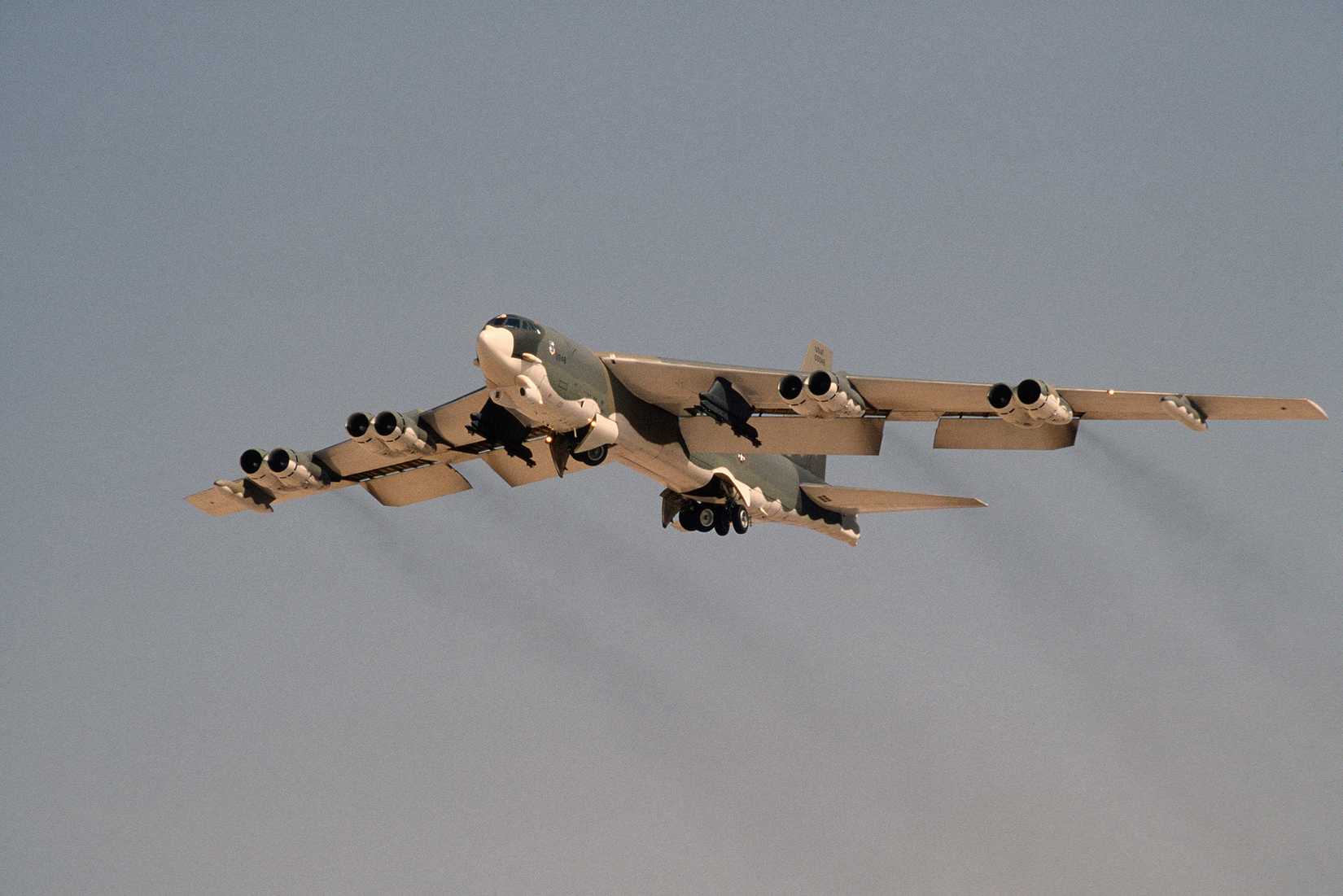 A B-52H Stratofortress aircraft from the Strategic Air Command in flight during the multinational joint service Exercise BRIGHT STAR '85.