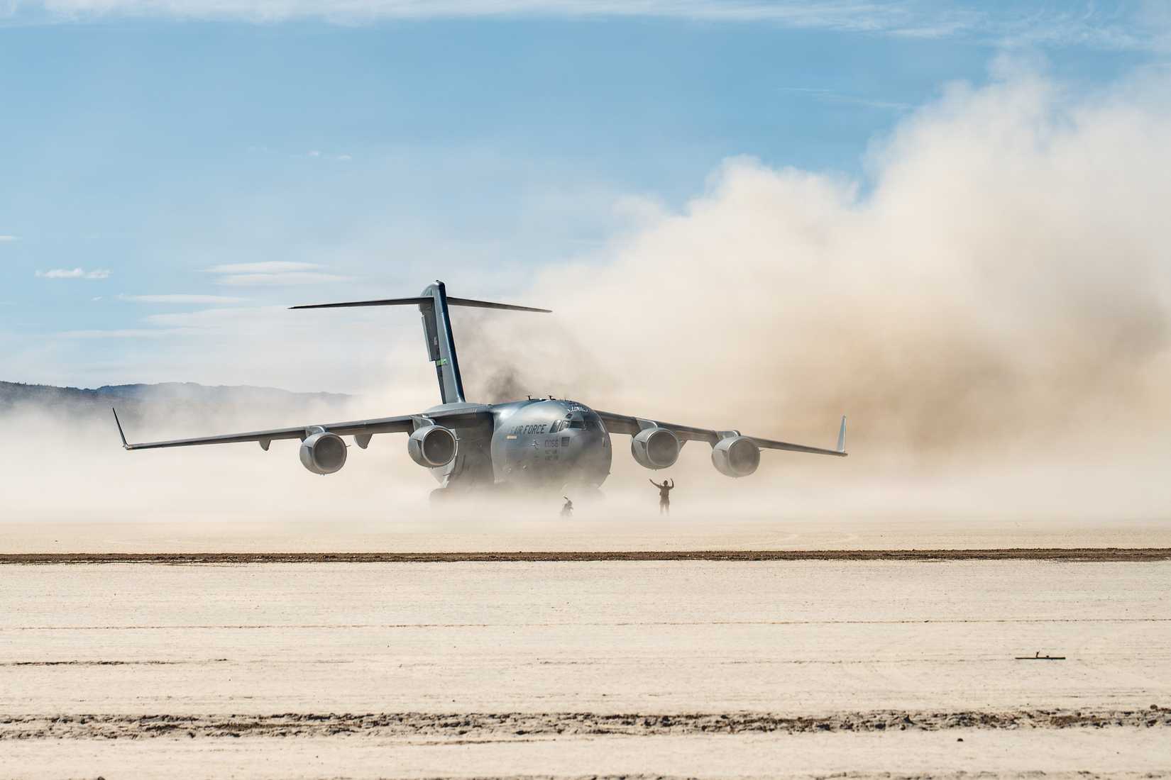 A C-17 after landing on a dirt runway at Delamar Dry Lake near Alamo, Nevada, May 28, 2026.