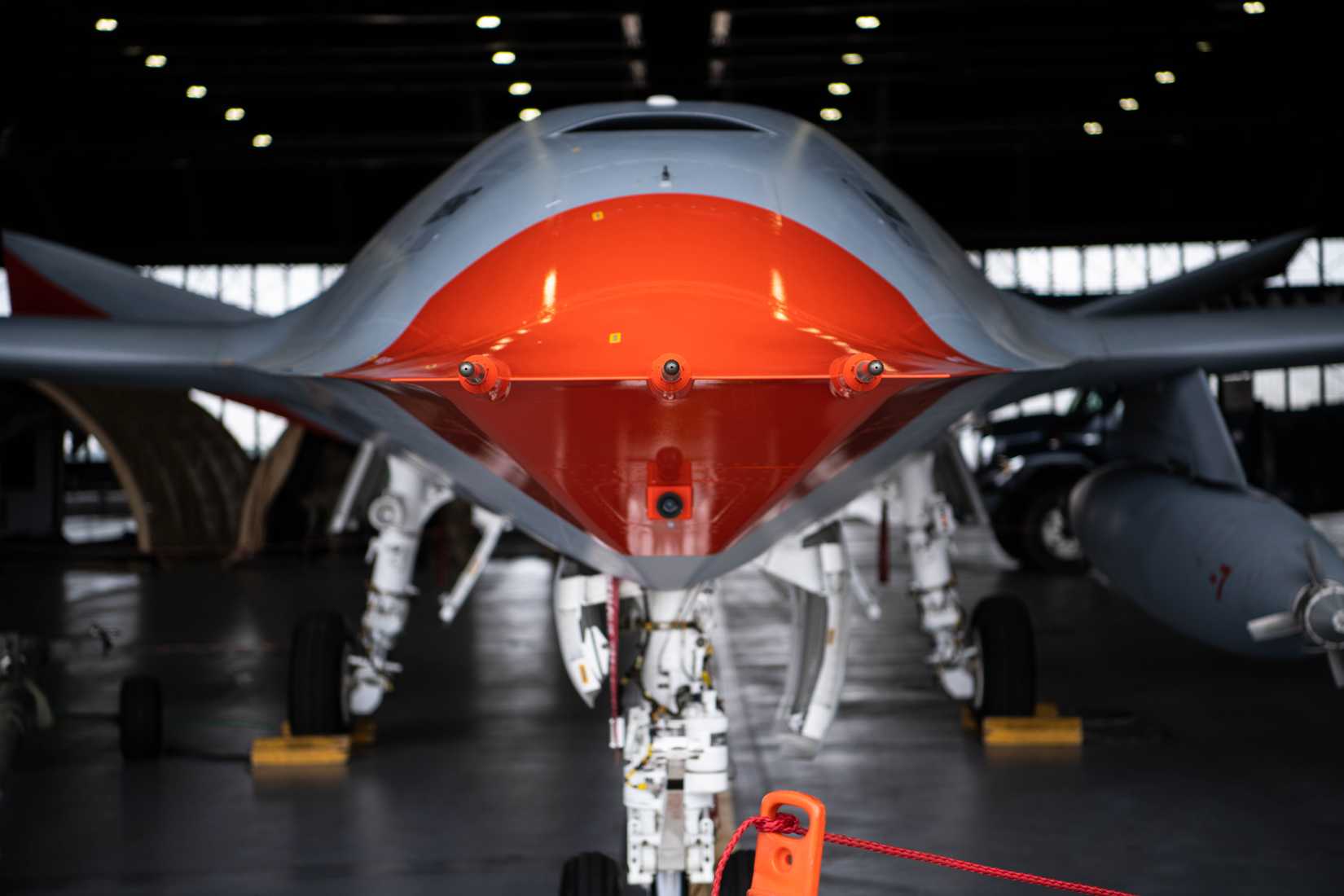 A MQ-25 Stingray sits parked in Hangar 1 on Scott Air Force Base, Illinois, May 12, 2023.