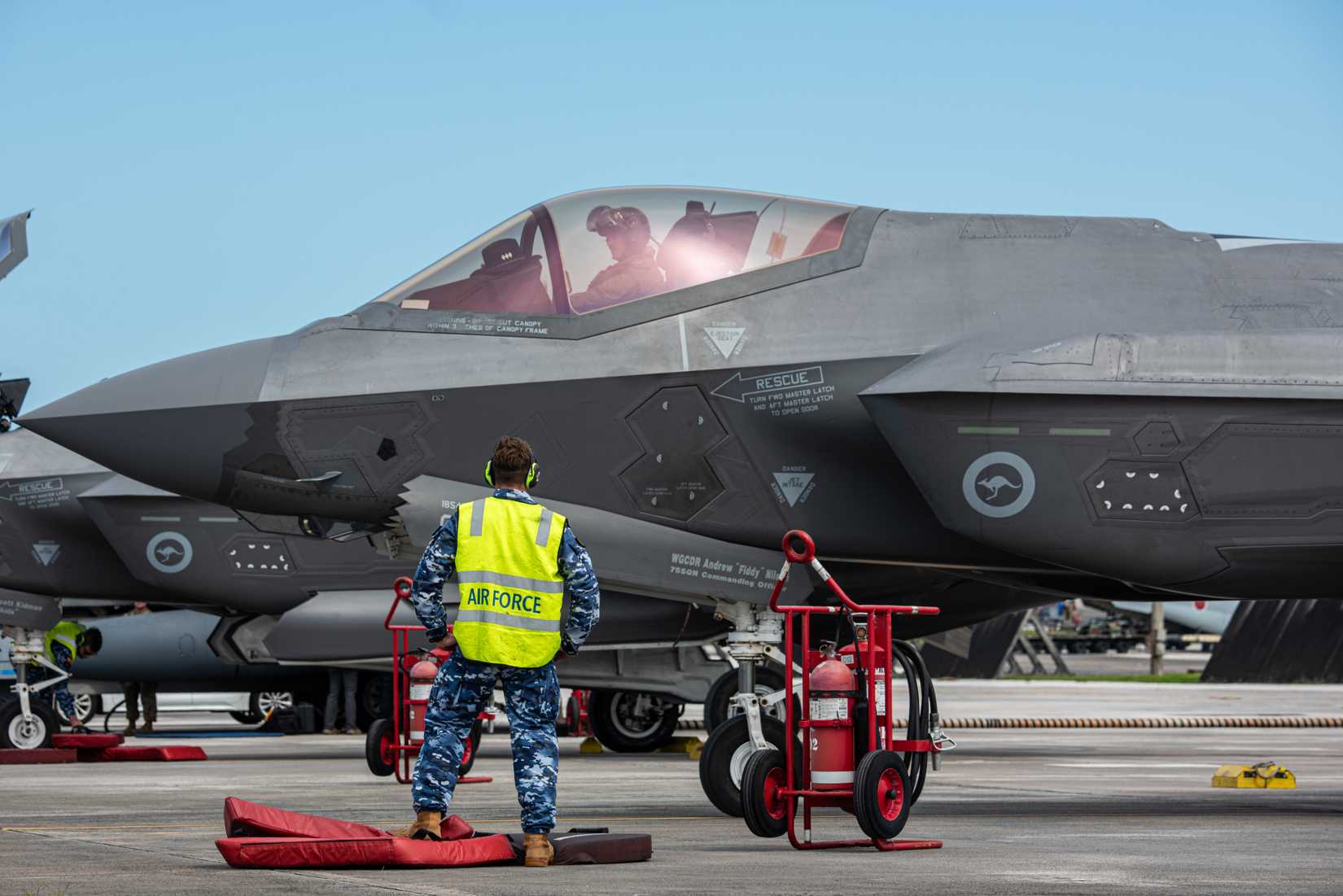 A Royal Australian Air Force maintainer prepares to work on F-35A Lightning II for exercise Cope North 25, at Andersen Air Force Base, Guam, Jan. 29, 2025