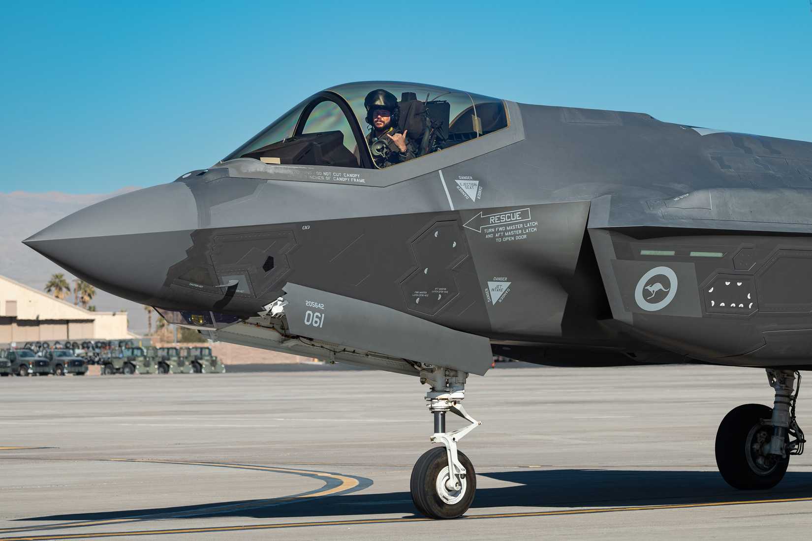 A Royal Australian Air Force (RAAF) F-35 Lightning II taxis in after a mission prior to the start of Red Flag-Nellis 25-1 at Nellis Air Force Base, Nevada, Jan. 22, 2025.
