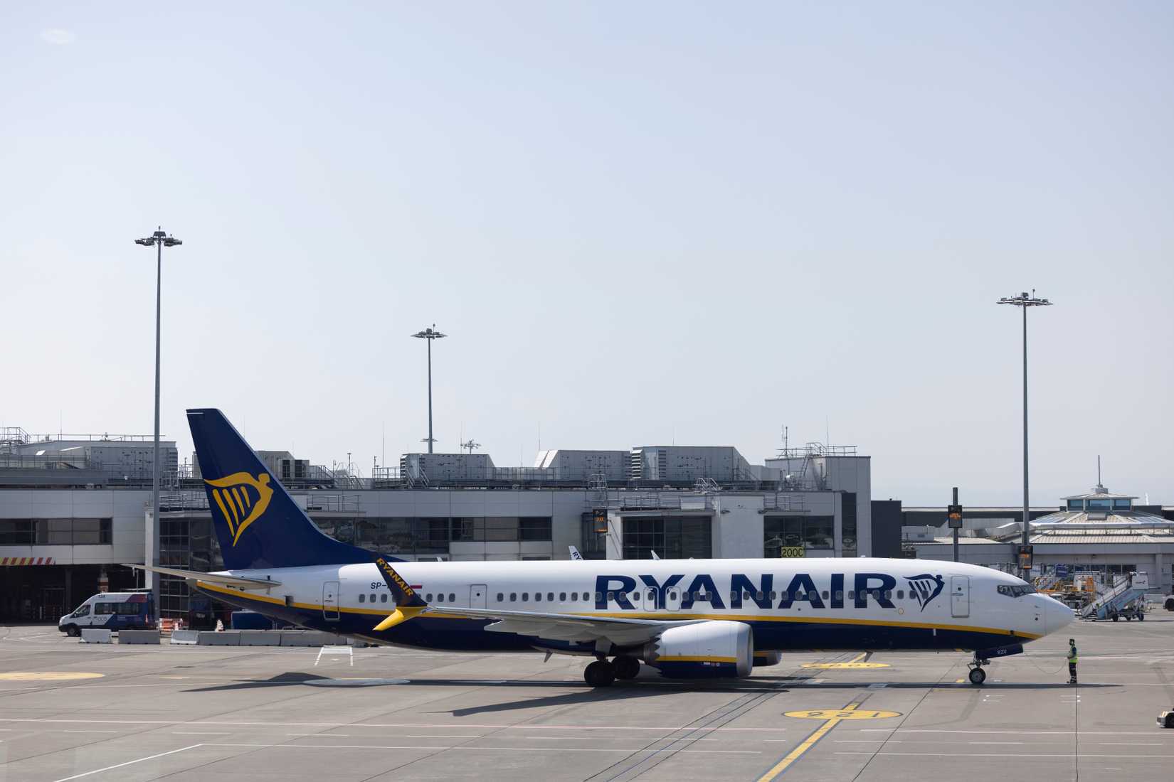 A Ryanair flight taxis out from terminal 2 at Dublin International Airport.