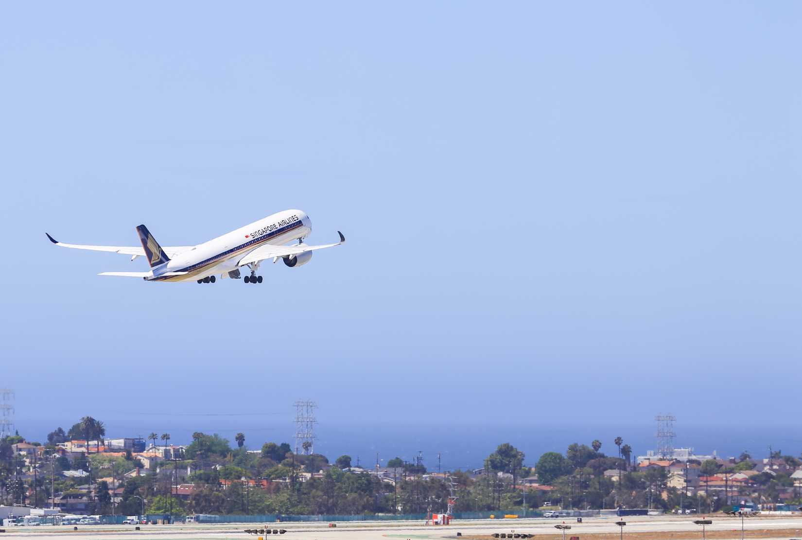 A Singapore Airlines Airbus A350 takes off from Los Angeles International Airport (LAX).