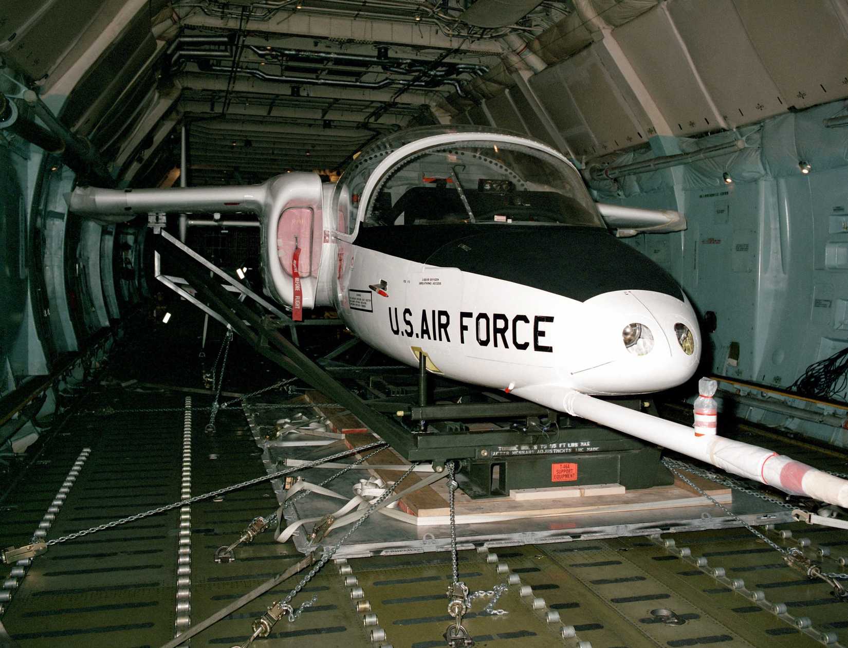 A T-46 aircraft in the cargo bay of a C-5 Galaxy aircraft-1