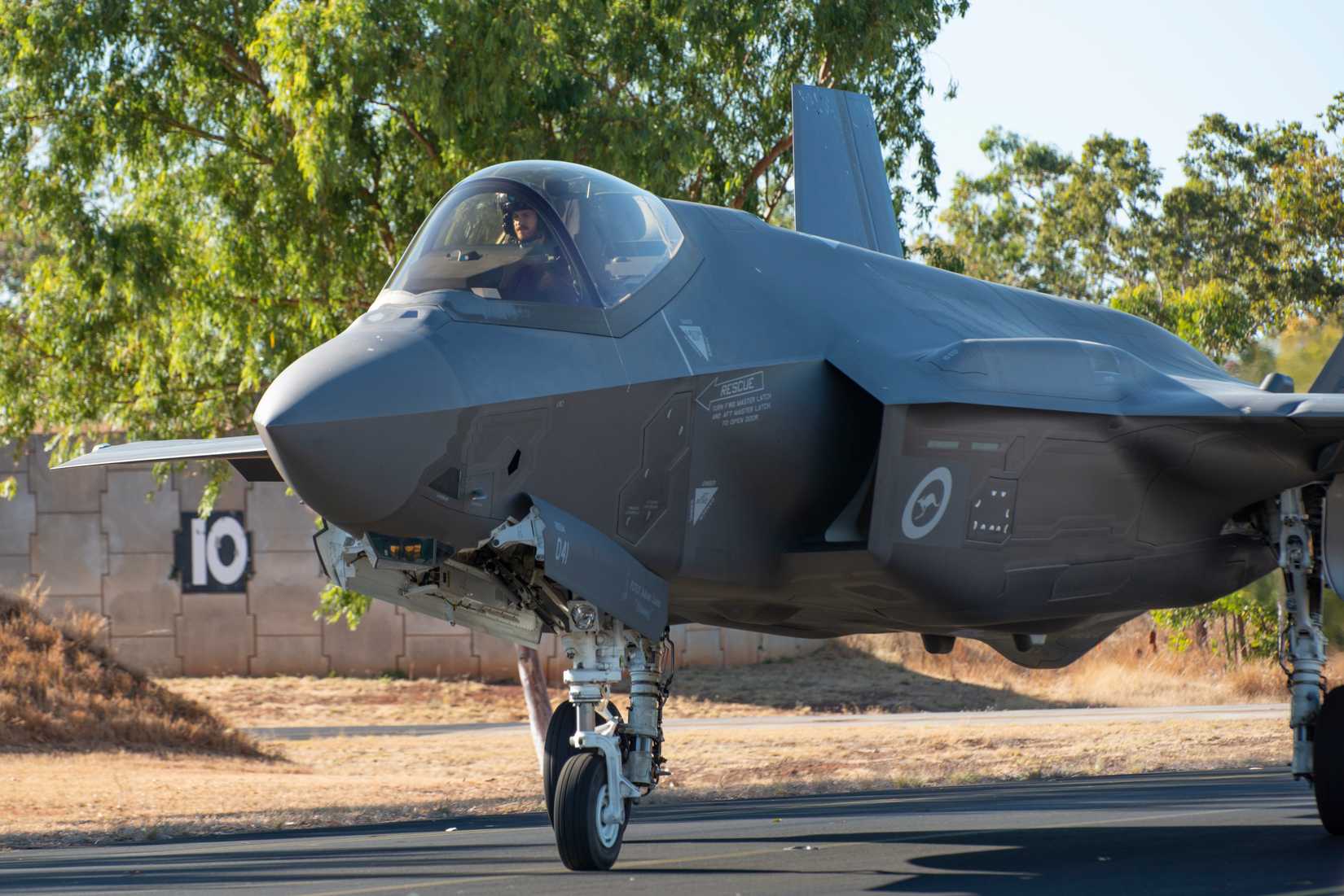 A Royal Australian Air Force (RAAF) F-35A Lightning II from the No. 75 Squadron, taxis to launch as part of Talisman Sabre 23, at RAAF Tindal, Northern Territory, Australia, July 23, 2023. Talisman Sabre is a U.S. Indo-Pacific Command and Australian Defence Forces joint-sponsored exercise that trains in warfighting scenarios designed to improve U.S. and Australian combat training, readiness and interoperability. (U.S. Air Force photo by Senior Airman J. Michael Peña)