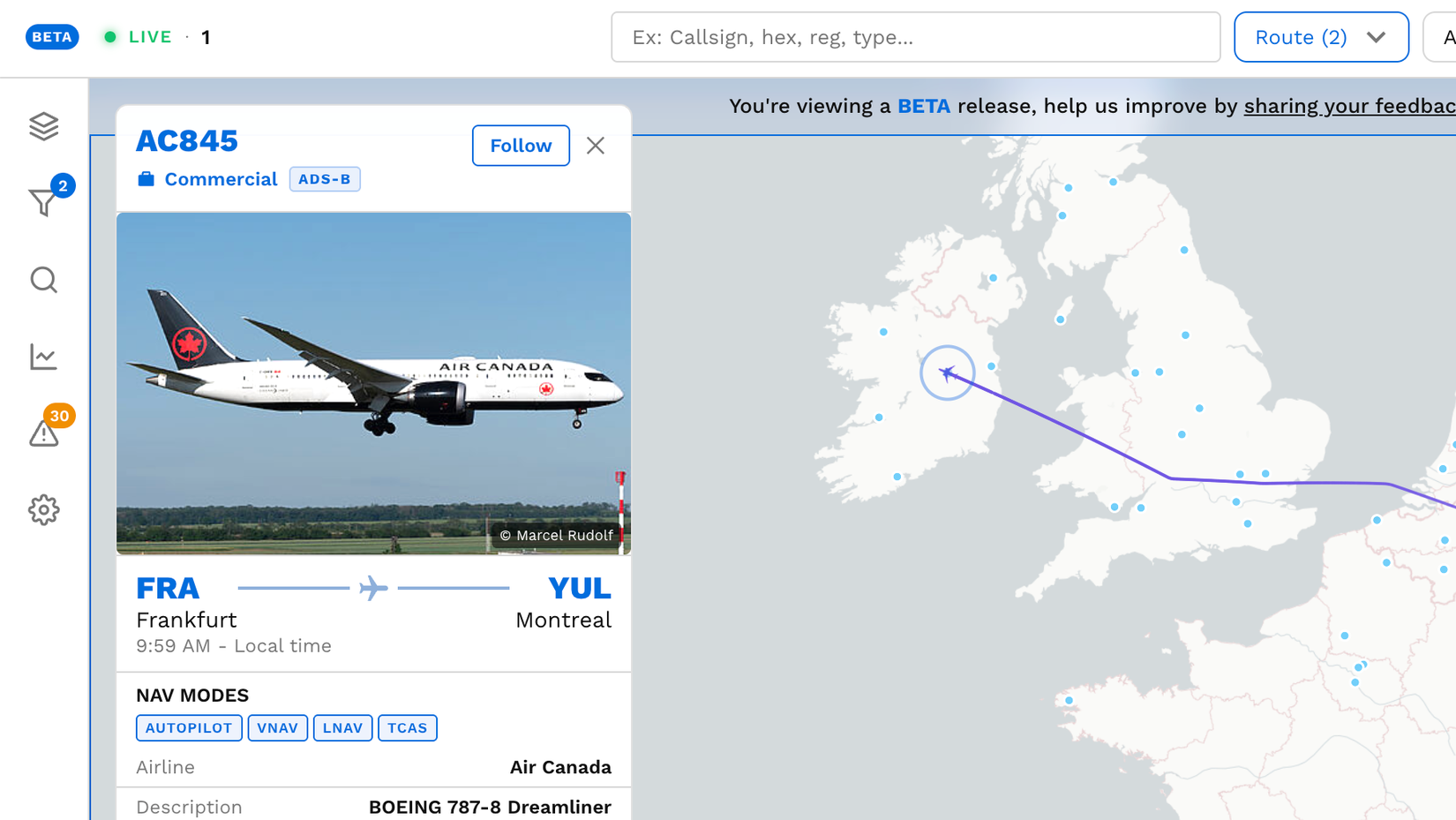 A digital screenshot of a flight tracking map interface displaying Air Canada flight AC845 from Frankfurt (FRA) to Montreal (YUL). The left panel shows a photo of an Air Canada Boeing 787-8 Dreamliner alongside flight details, while the map on the right tracks the aircraft's purple flight path as it crosses over Ireland after flying past the United Kingdom.