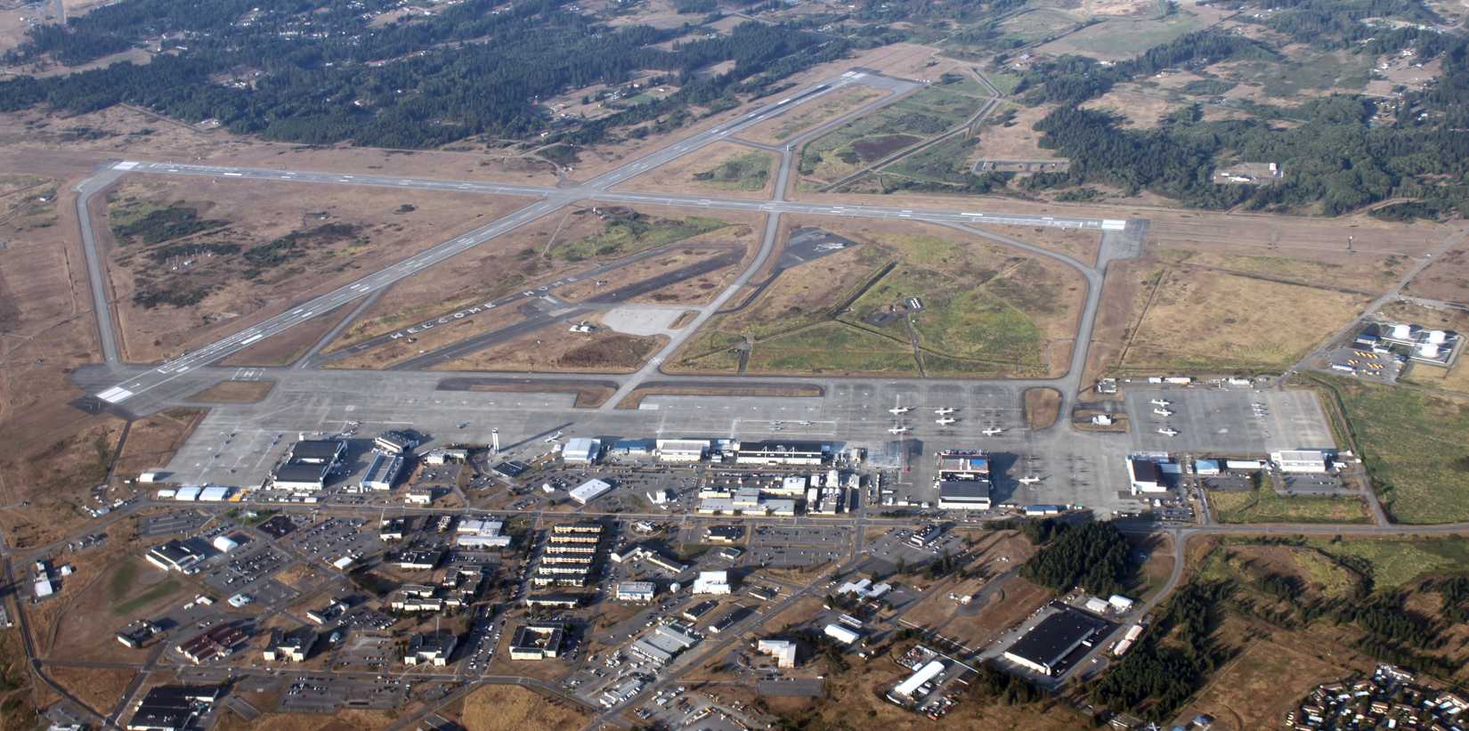 Aerial view of Naval Air Station Whidbey, Washington. Shot from 4,500' looking north.
