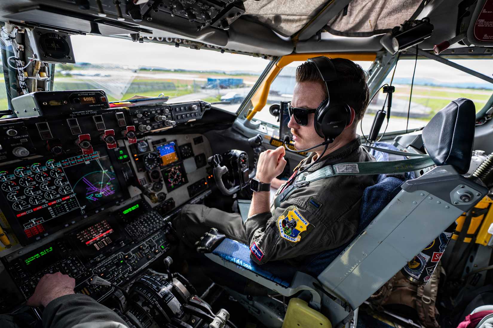 Air Force 1st Lt. Jarred Dover, 351st Air Refueling Squadron pilot, conducts preflight checks during a refueling mission as part of Ramstein Flag 26