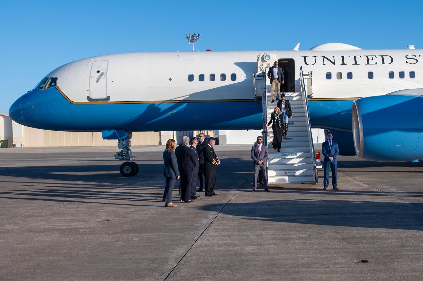 Air Force Boeing C-32A arrives at Naval Air Station Sigonella with First Lady Jill Biden who met with service members.