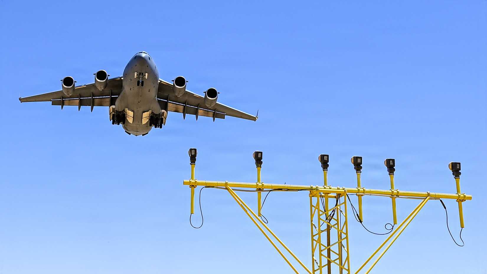 Air Force C-17 Globemaster III aircraft lands at a base in the Middle East, May 7, 2026.