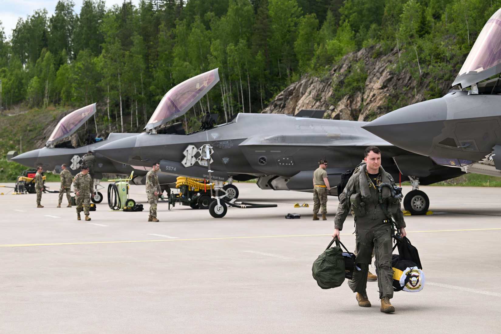 Air Force Capt Kevin Lynch, 493rd Fighter Squadron pilot steps from an F-35A Lightning II aircraft in preparation for Ramstein Flag 26 at Pirkkala Air Base, Finland, June 3, 2026.