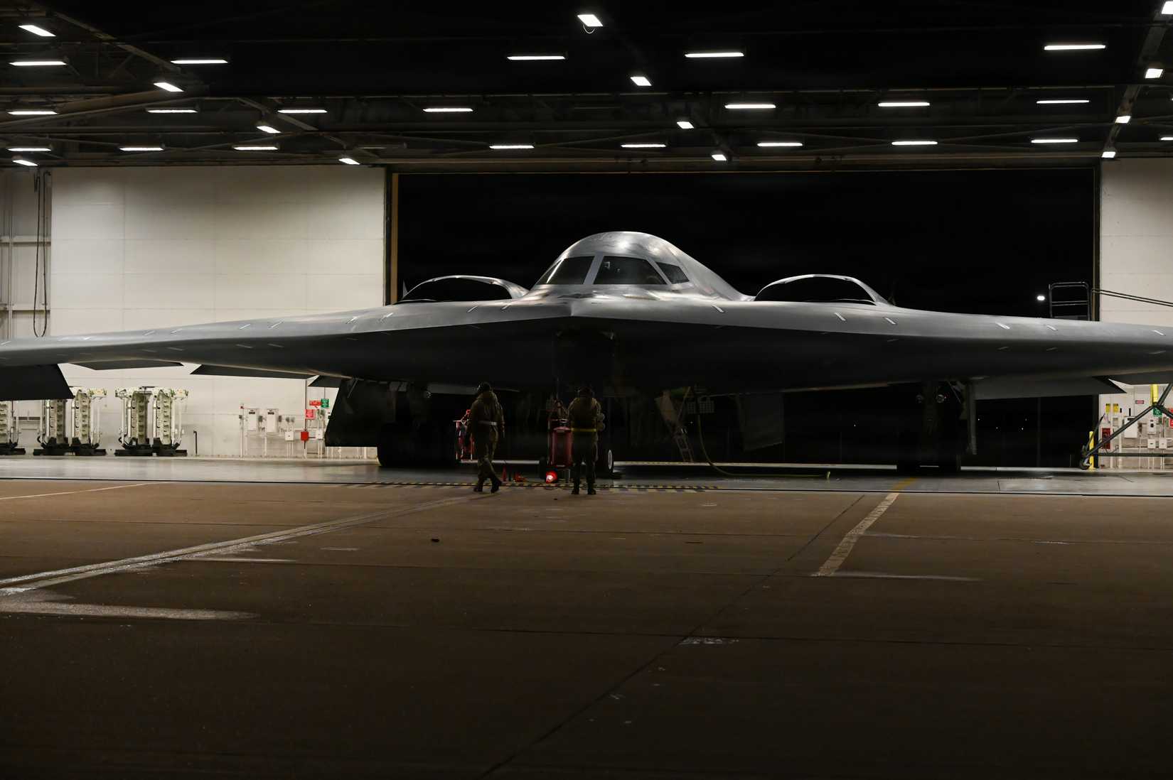 Air Force crew chiefs perform pre-flight checks on a B-2 Spirit stealth bomber during Operation Epic Fury, March 17, 2026.