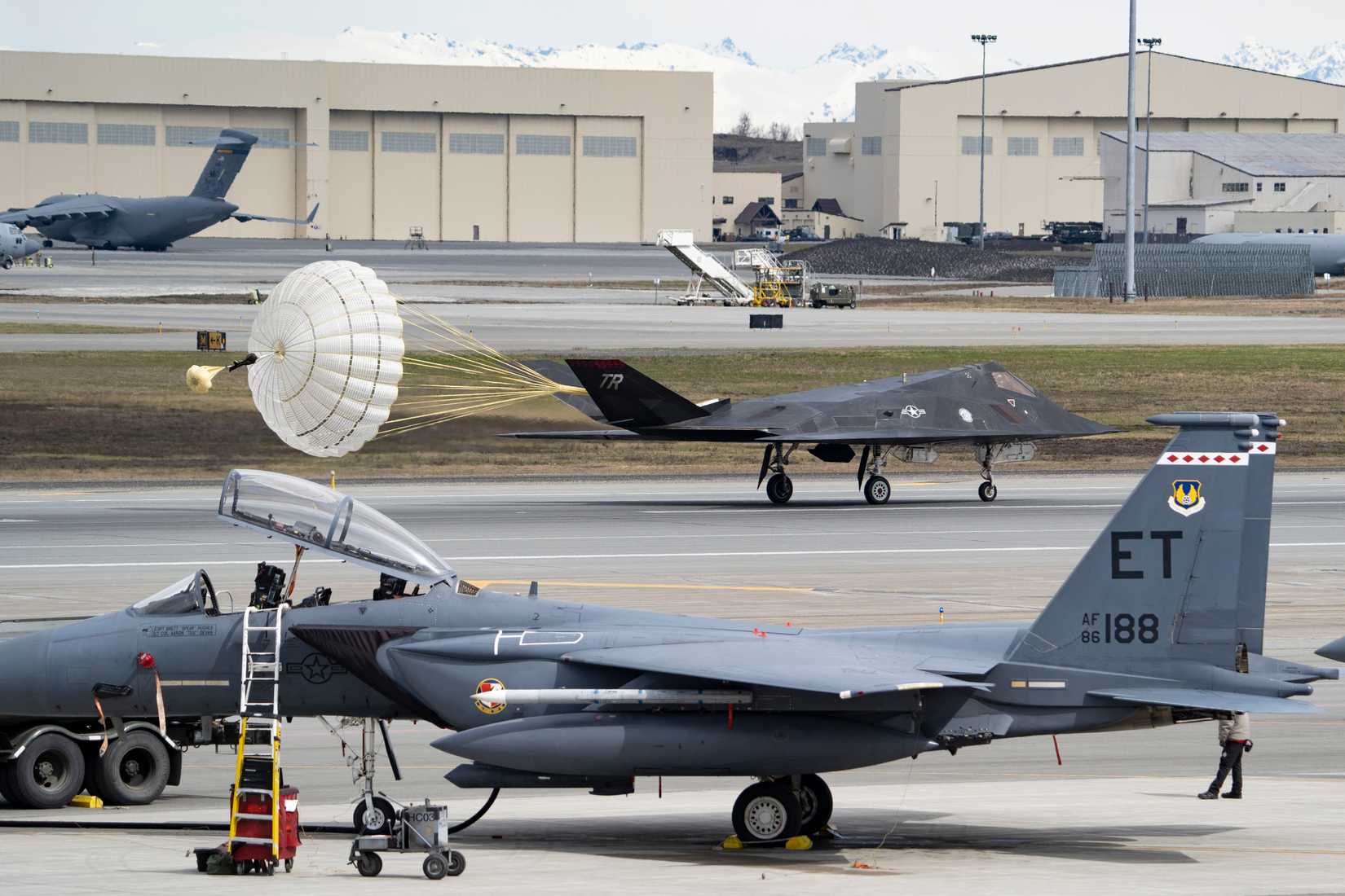 Air Force F-117 Nighthawk lands during Northern Edge 23-1 at Joint Base Elmendorf-Richardson, Alaska, 2023