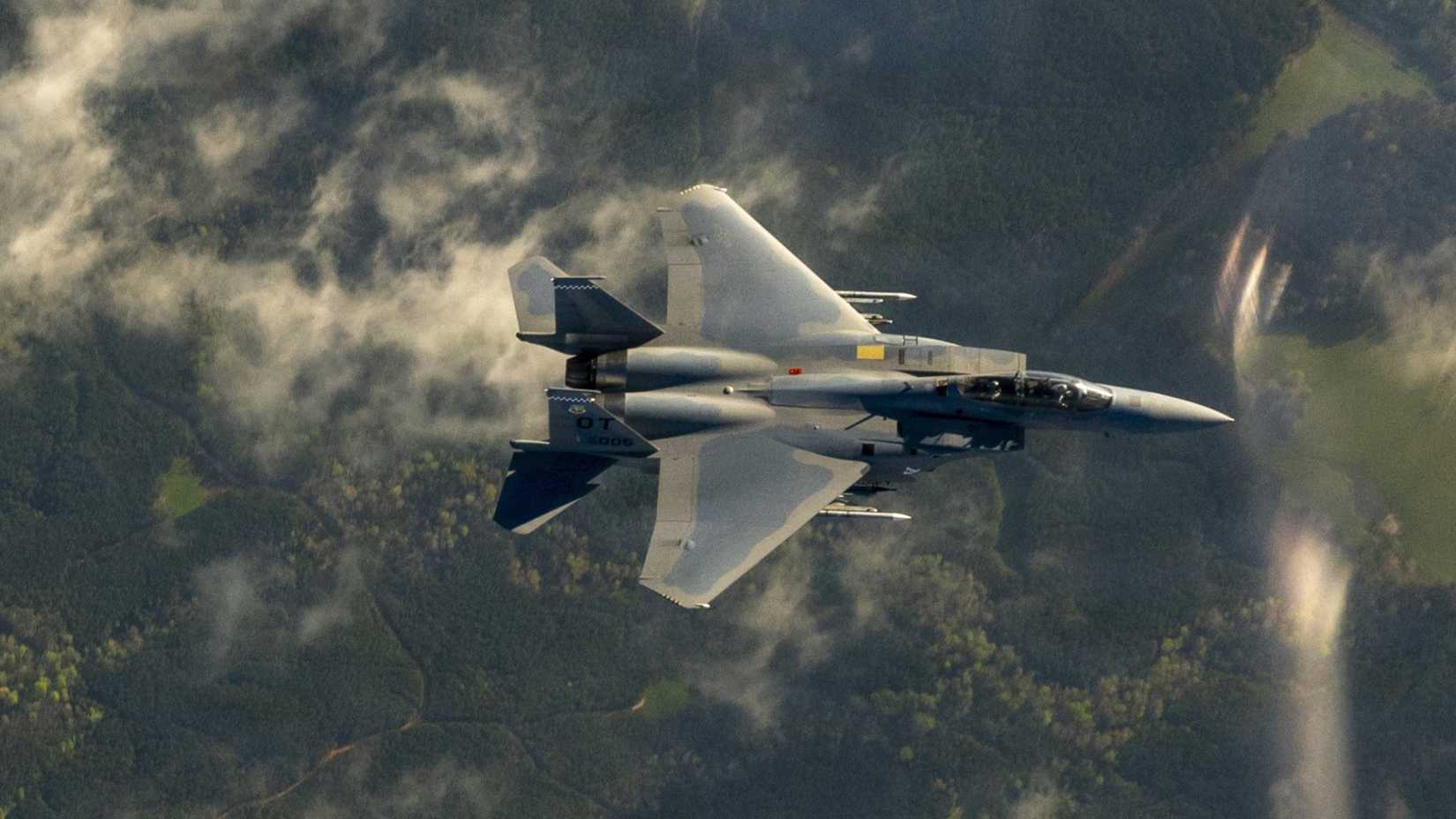 Air Force F-15EX Eagle II assigned to Eglin Air Force Base, Florida, flies a training mission over southeast United States, March 23, 2026.