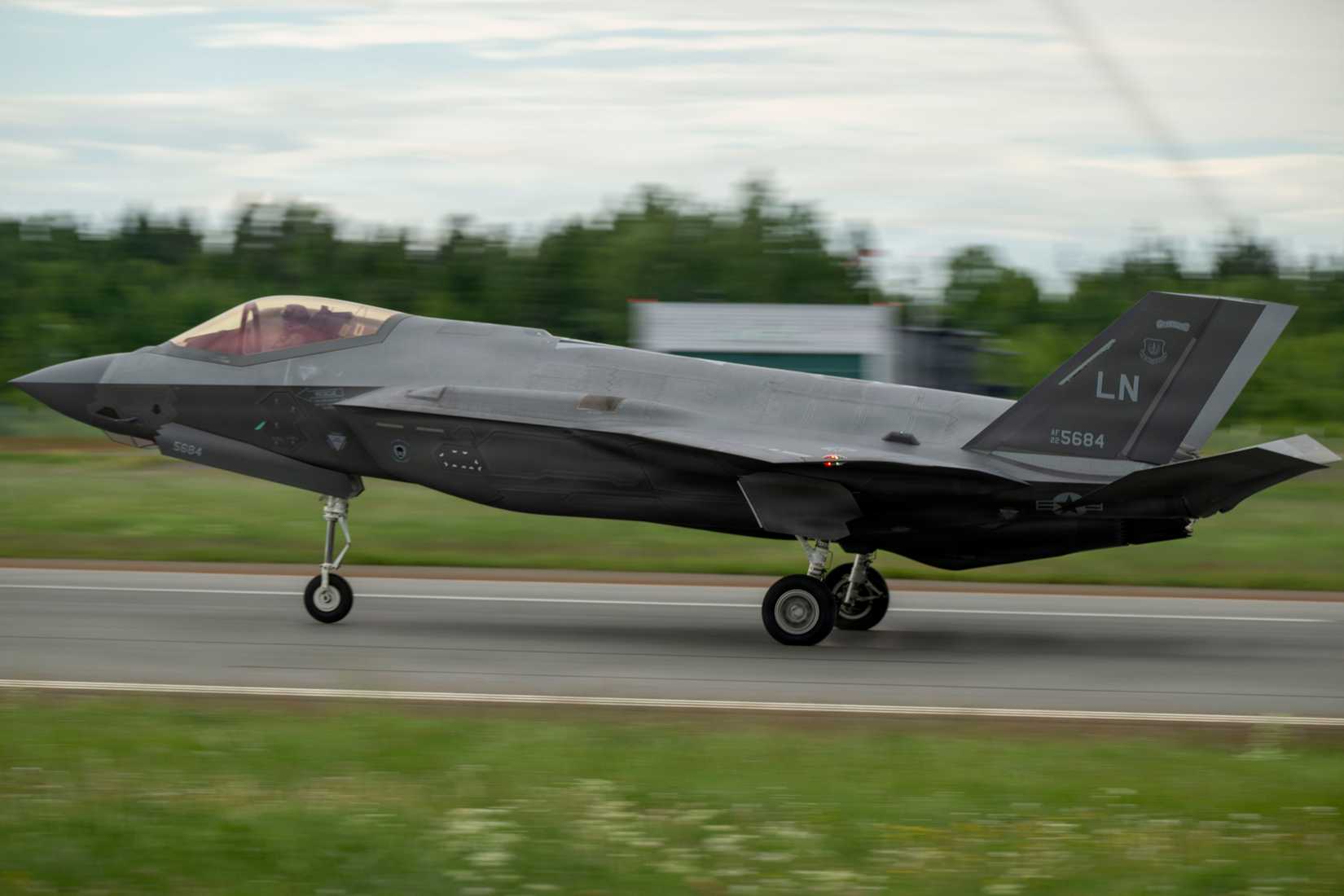 Air Force F-35A Lightning II aircraft from the 493rd Fighter Squadron lands on the flightline during Ramstein Flag 26 at Pirkkala Air Base, Finland, June 9, 2026.