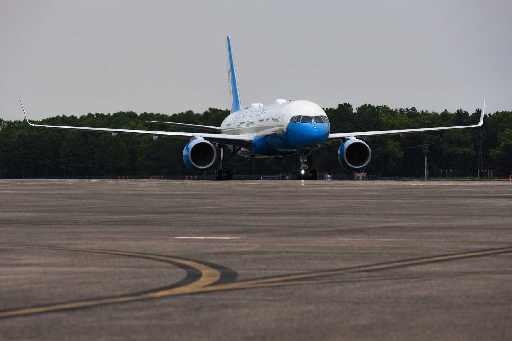 Air Force One taxis into Bradley Air National Guard Base, East Granby, Connecticut, June 16, 2023. Although normally serving in the role of Air Force Two, C-32A’s are sometimes utilized to transport the President.