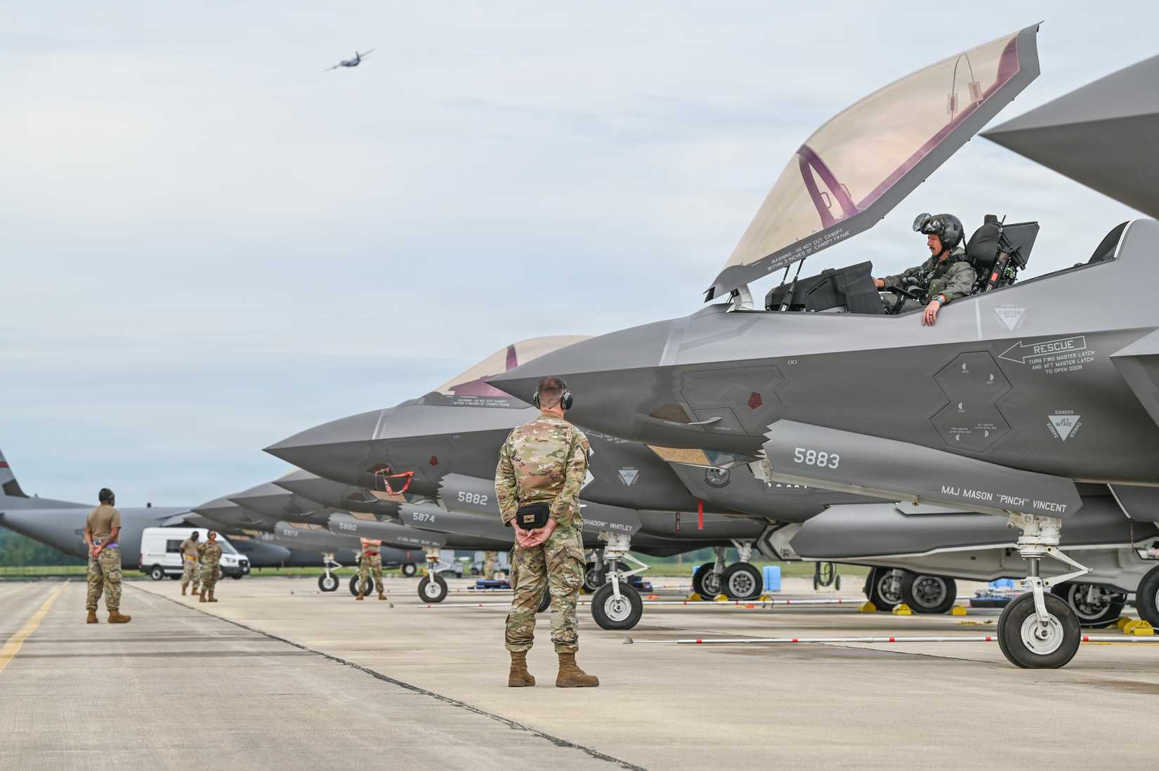 Air Force pilot assigned to the 33rd Fighter Wing, Florida Air National Guard, prepares an F-35A Lightning II aircraft for launch during Sentry North 2026