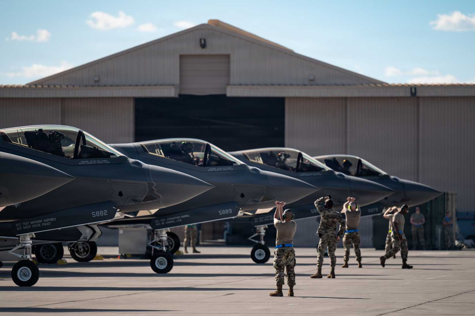 Airmen, assigned to the 125th Maintenance Squadron, Florida Air National Guard, prepare an F-35A Lightning II aircraft at Nellis Air Force Base, Nevada, May 1, 2026.