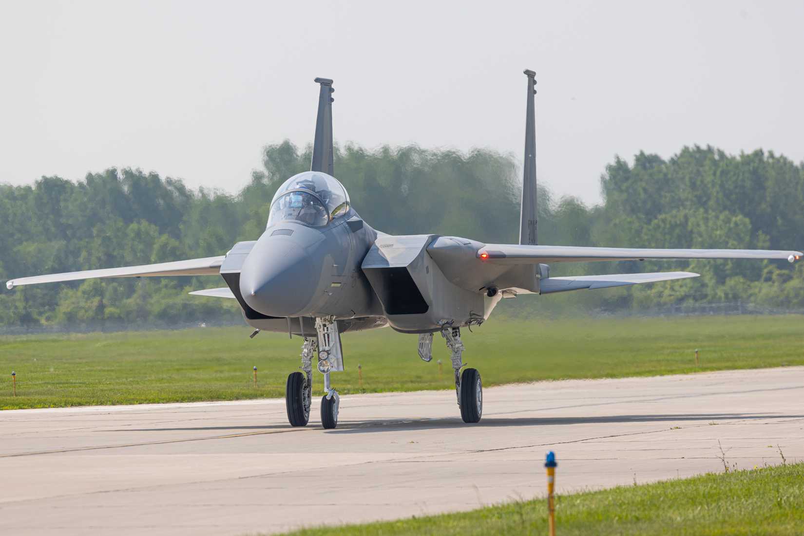 An F-15EX Eagle II from the Defense Contracting Management Agency Boeing St. Louis, taxis after arriving at Selfridge Air National Guard Base, Michigan, June 11, 2025.