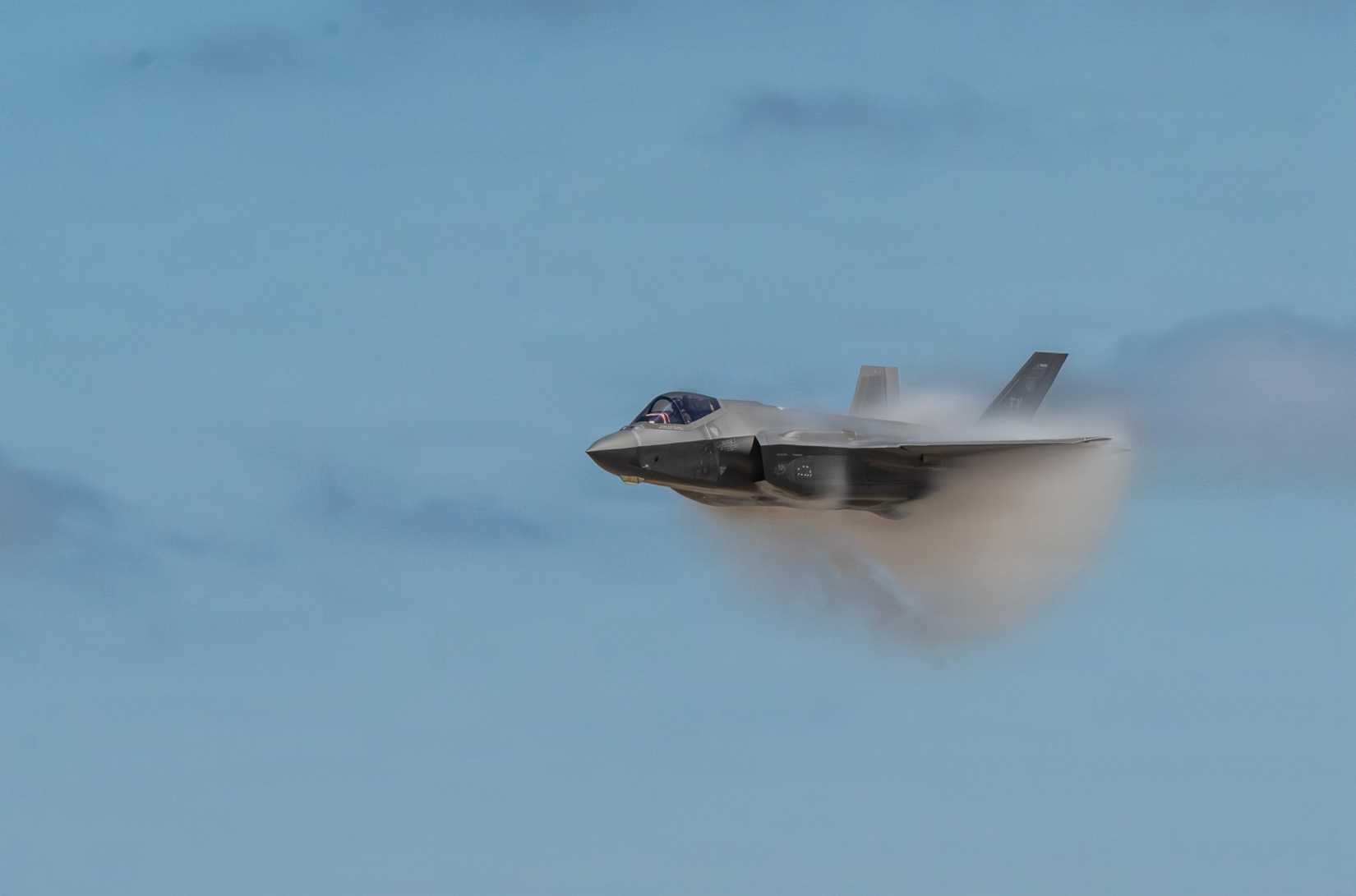 An F-35 Lightning II executes a high speed pass during the Fiesta of Flight airshow at Laughlin Air Force Base, Texas, March 28, 2026.