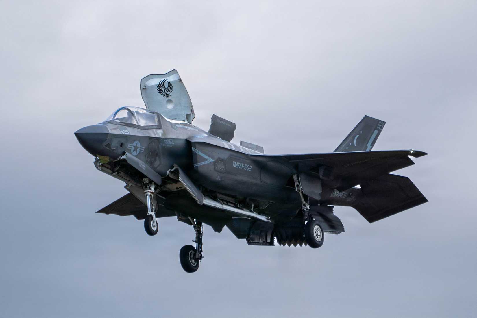 An F-35B Lightning II hovers in place during an aerial demonstration at the Oregon International Air Show at Hillsboro, Ore. on May 17, 2026.