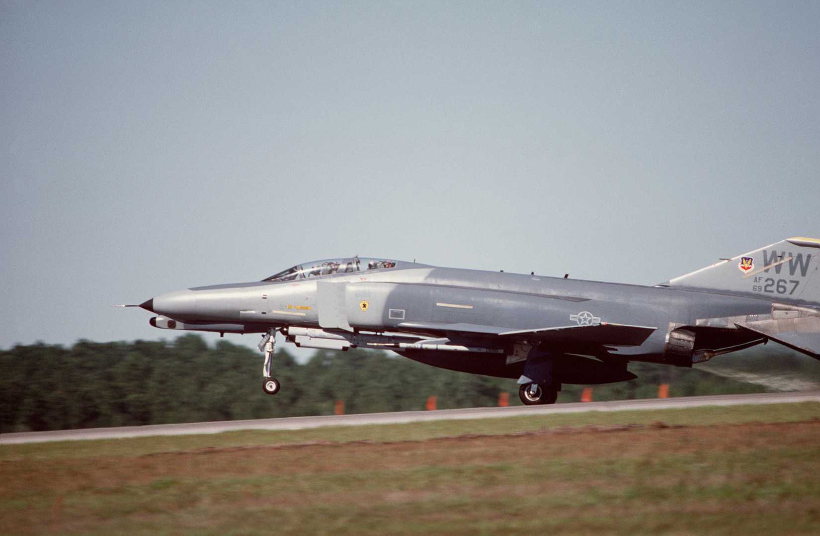 An F-4G Phantom II Advanced Wild Weasel aircraft of the 37th Tactical Fighter Wing takes off.