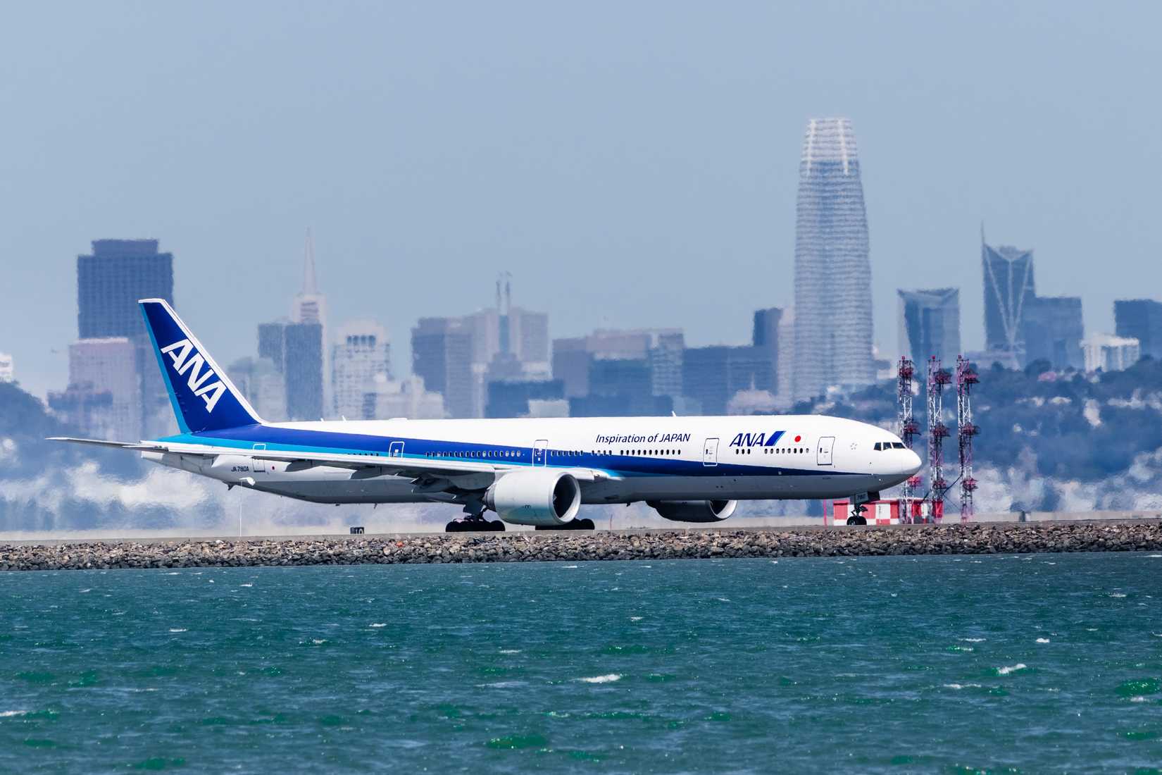 ANA (All Nippon Airways) aircraft preparing for takeoff at San Francisco International Airport