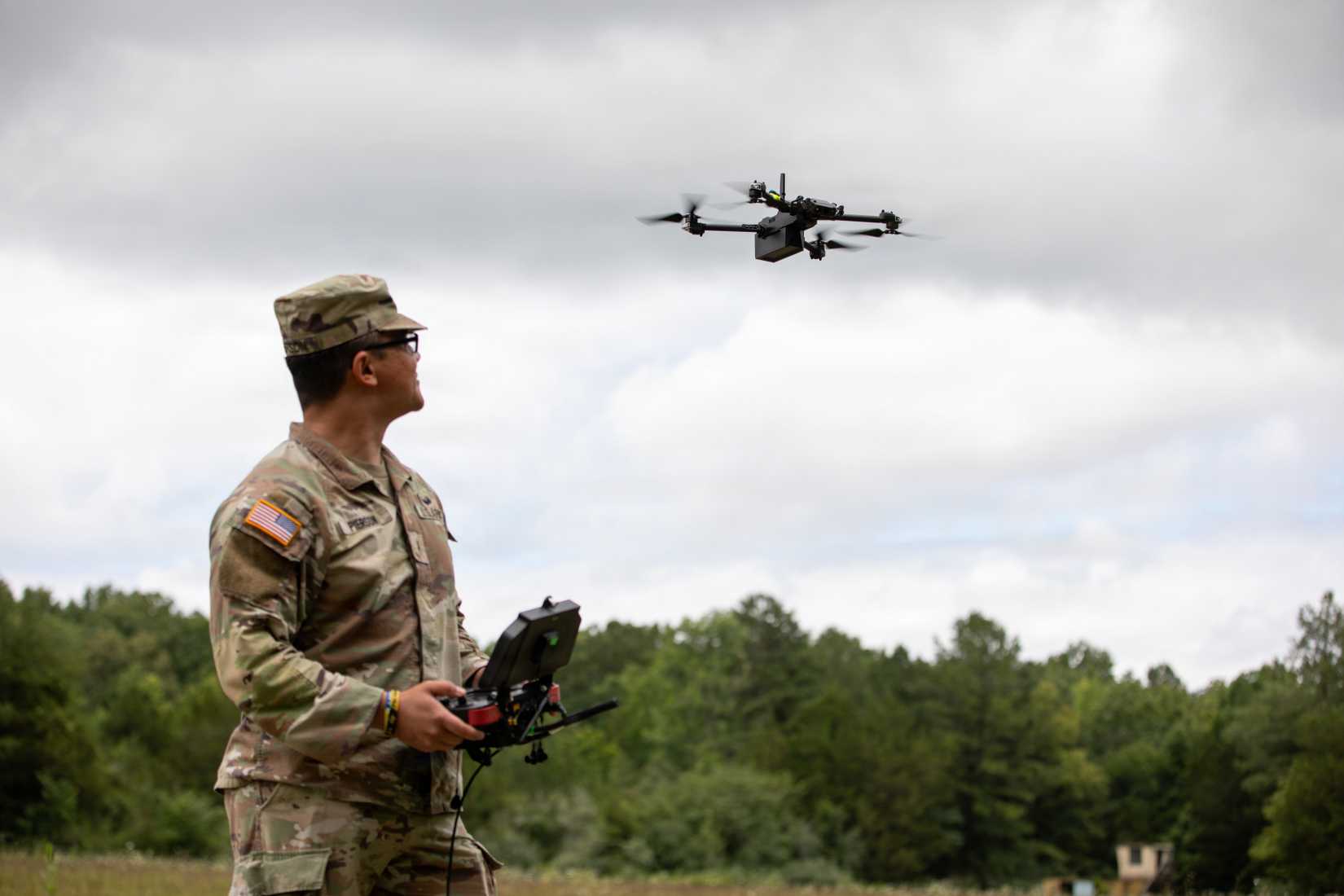 Army National Guard Warrant Officer 1 Cedrick Pierson, a 948B Electronic Systems Maintenance Warrant Officer assigned to the 777th Maintenance Company, pilots a Skydio RQ-28A drone
