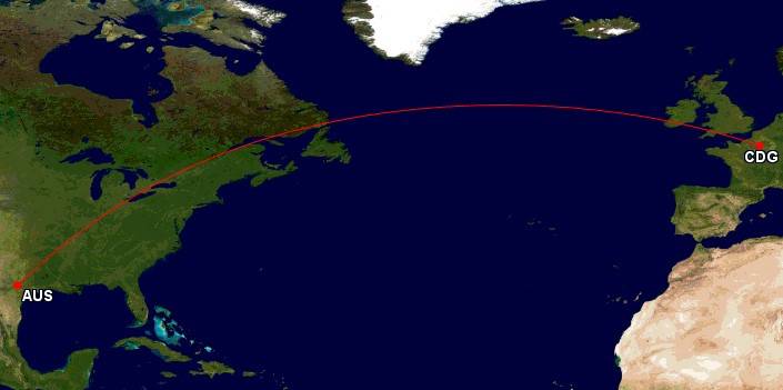 Austin to Paris route map