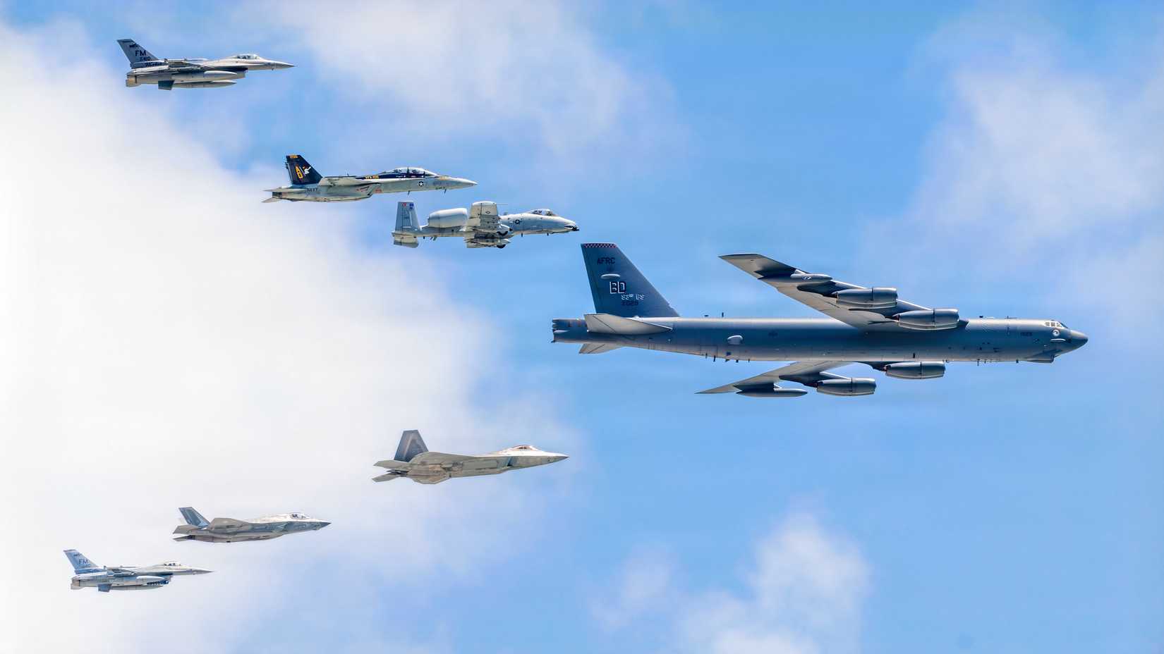 A B-52 seen flying with other USAF aircraft.